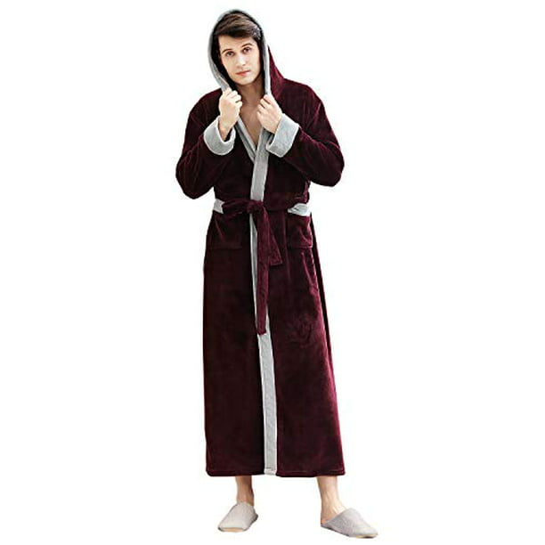 Mens Long Robes with Hood Full Length Hooded Bathrobe Fleece Plush Fluffy Housecoat Nightgown 